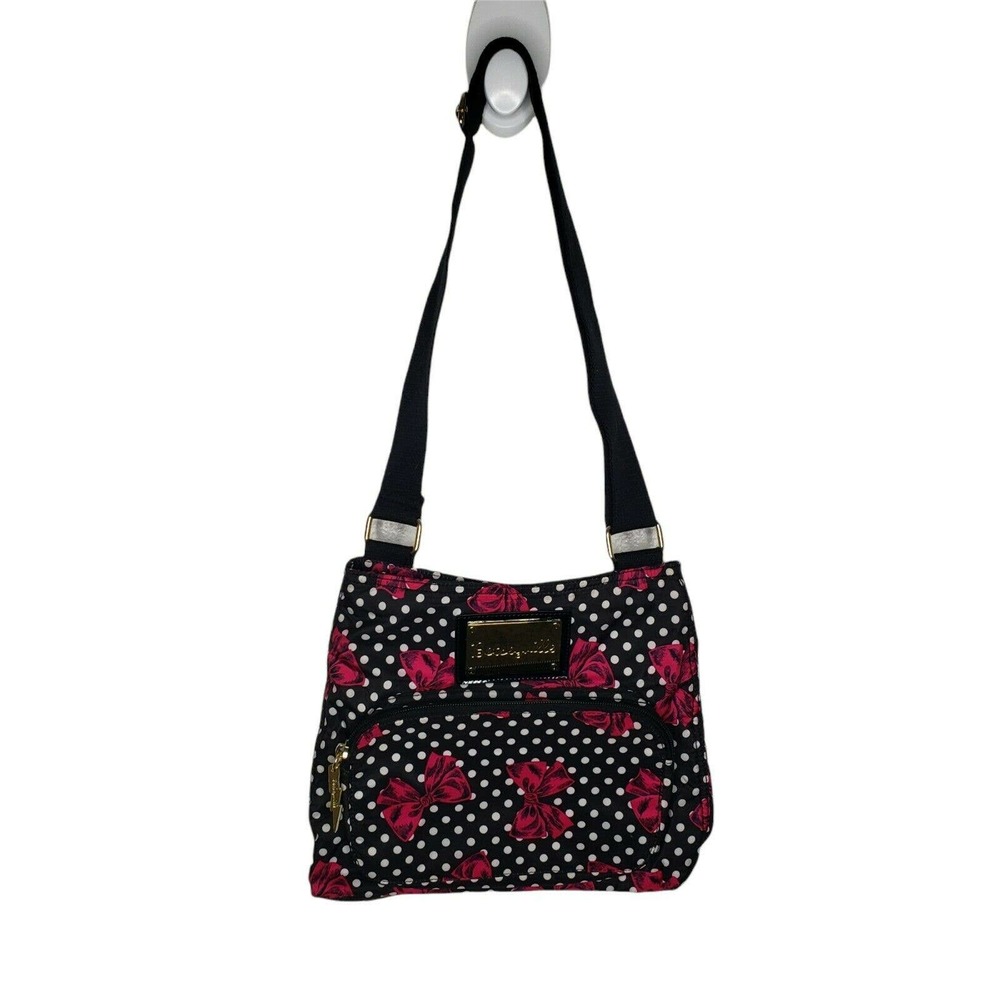 Betseyville By Betsey Johnson Black & White Polka Dot Pink Bows Crossbody Bag